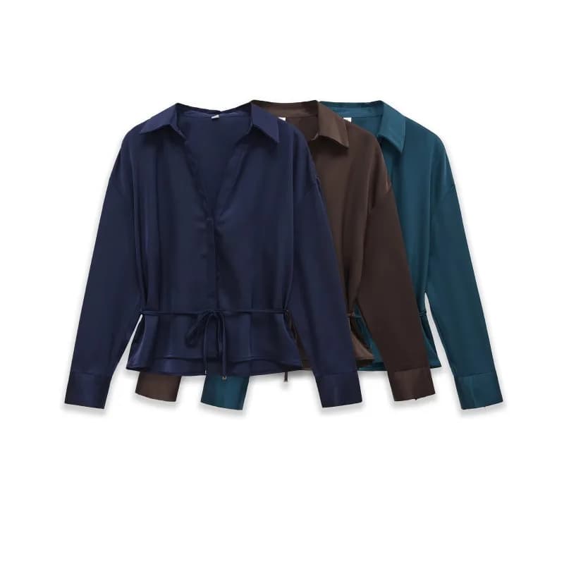 Fashionable Long Sleeve Silk Satin Shirt Women's High Waist Belted Cross-Border Clothing Elegant Pure Color Iron-Free Treatment