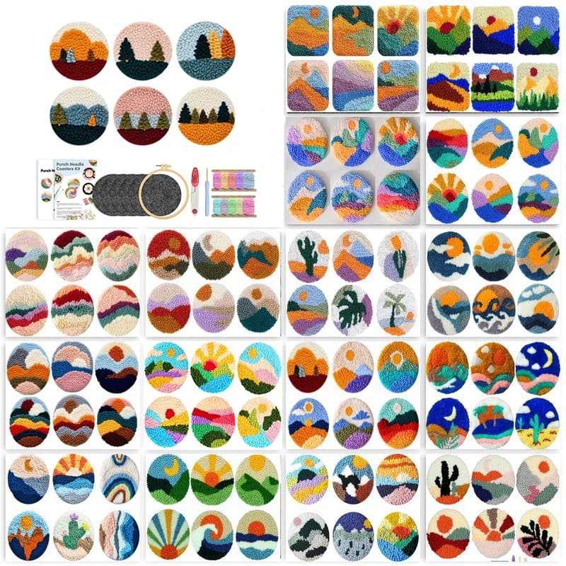 GATYZTORY 6 Set Landscape Punch Needle Coasters Kit for Beginners Adults Tufting Coaster Art and Crafts Handmade Home Gifts