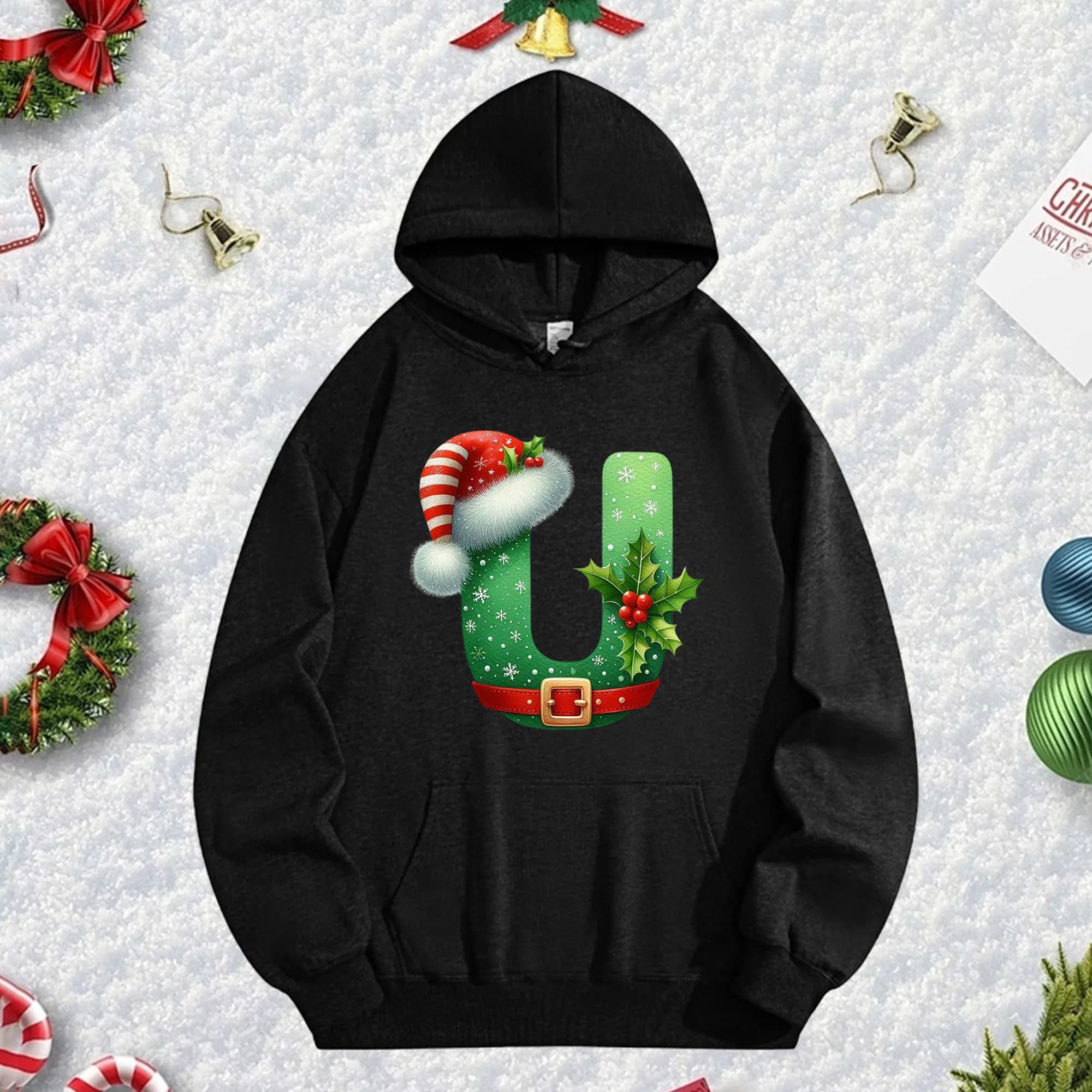 Christmas U 270G black hoodie for men and women, comfortable oversize fleece pullover for Christmas fall/winter New Year