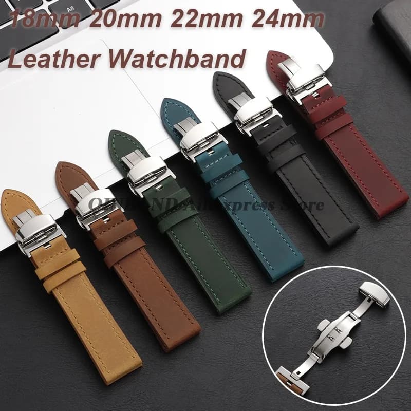 Cinturino per orologio in pelle di vitello da 18mm 20mm 22mm 24mm con fibbia a farfalla, cinturino universale per smartwatch, bracciale sportivo morbido