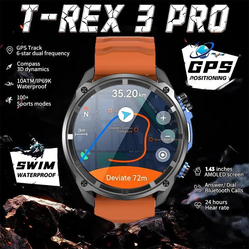 Smartwatch GPS con 4GB di memoria locale, mappe offline, funzioni sportive, schermo AMOLED da 1,43 pollici, vetro Corning Gorilla, impermeabile per il nuoto.