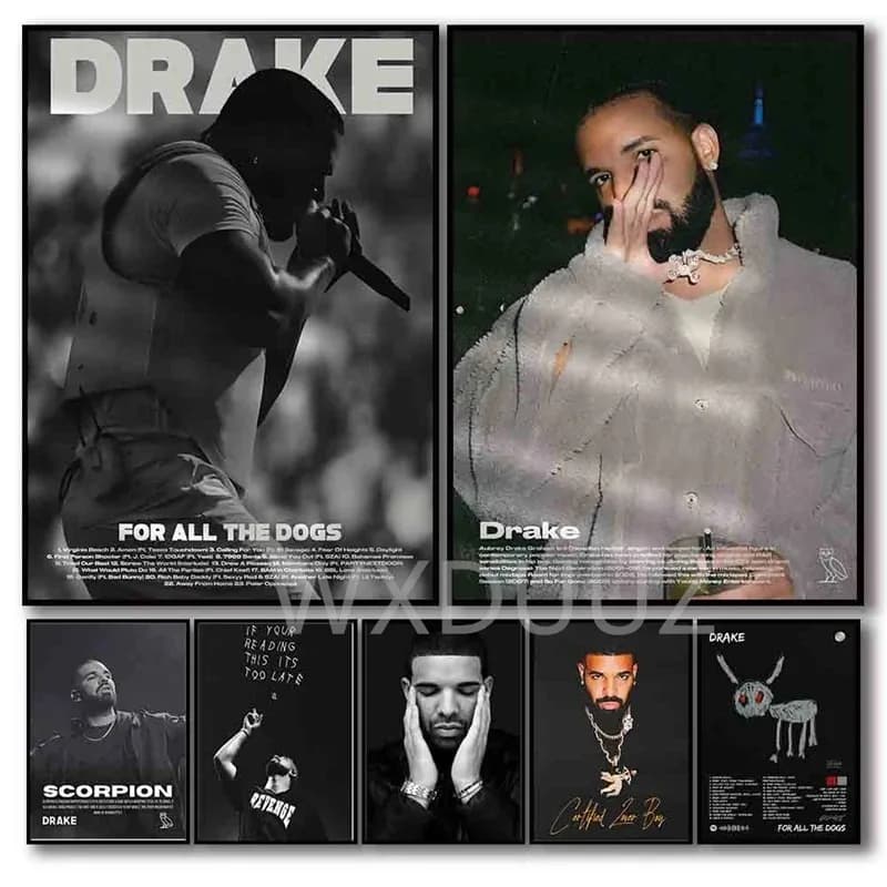 Copertina del concerto Drake in bianco e nero Poster Estetico Pop Rapper Album musicale per tutti i cani Stampa su tela Decorazione della stanza di arte della parete
