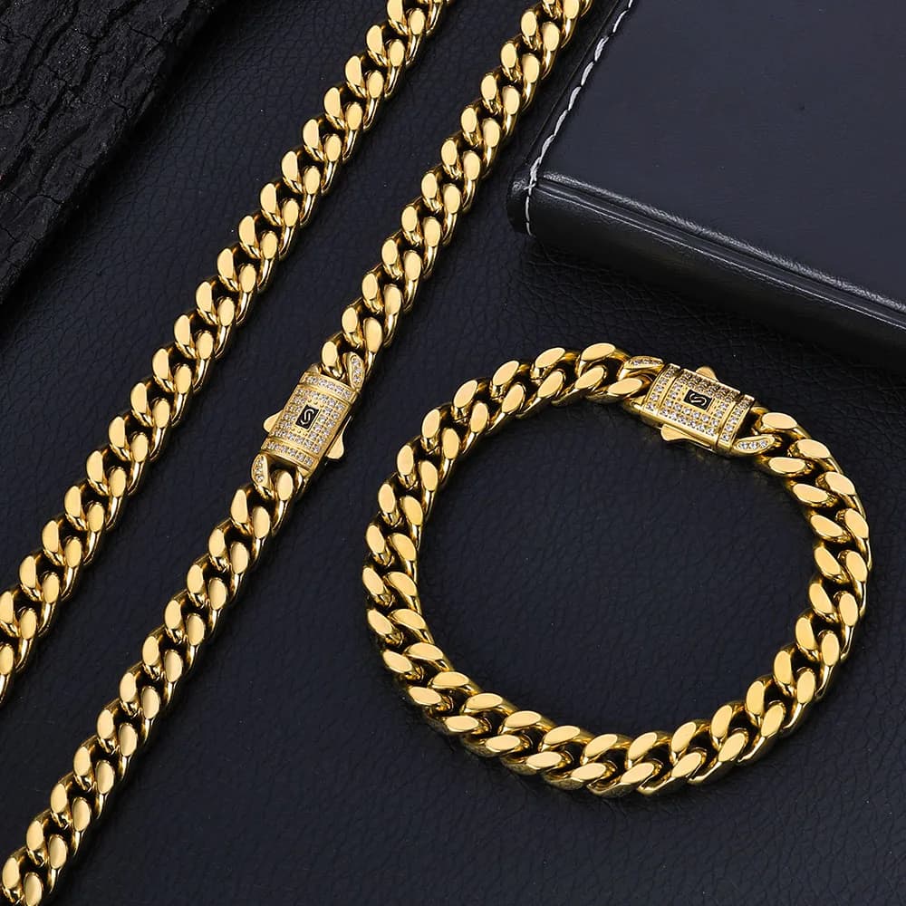 HHIOK Hip Hop 7/9/11/13mm Stainless Steel Monaco Full Diamond Cuban Bracelet Iced Four Sided Grinding 14k Gold Jewelry Bracelet