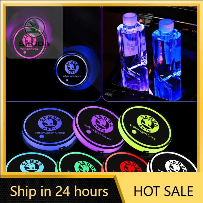 2PCS Glowing Car Coaster Luminous Auto Water Cup Holder Non-Slip Mat Pad For Skoda Kodiaq Rapid Fabia Octavia Yeti Superb Karop