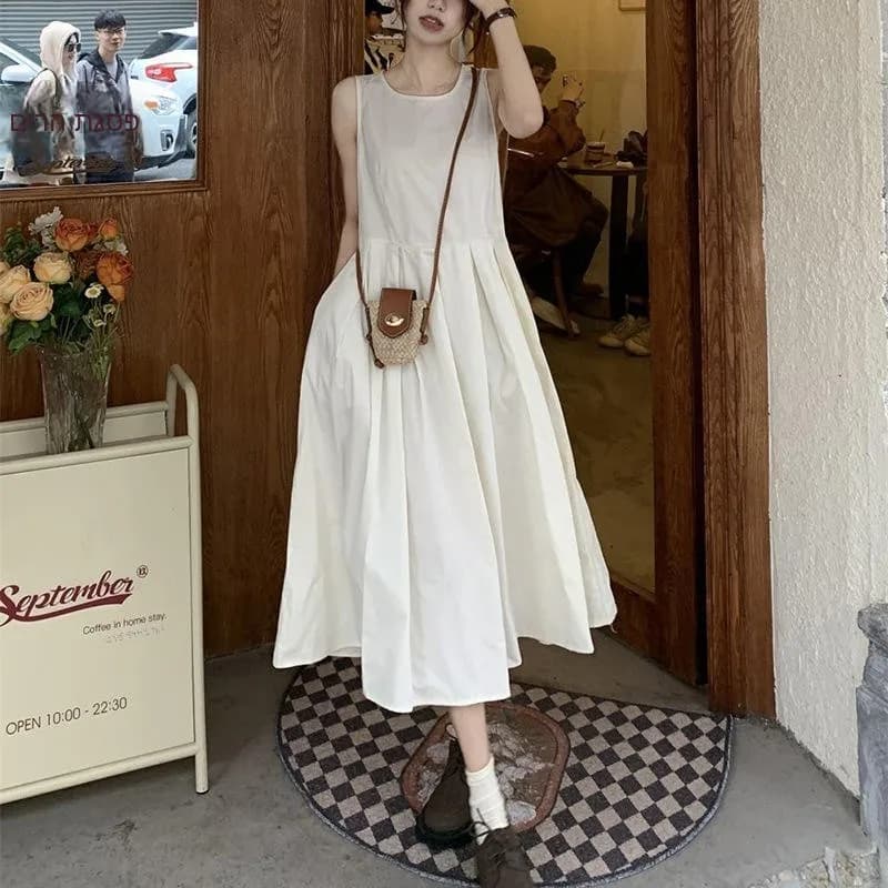 Nuovo Stile Estivo Abito Bianco Senza Maniche Modellante Tinta Unita Gonna a Canotta Vita Alta Gonna a Trapezio per il Tempo Libero alla Moda da Donna