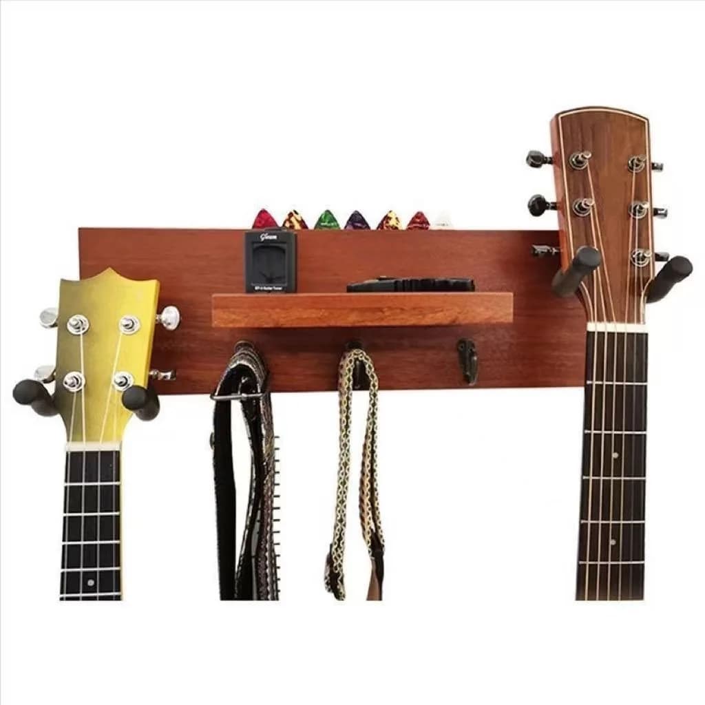 Guitar Wall Mount Hanger with Shelf, Wood Holder for Acoustic Electric Bass Ukulele, Space Saving Display Rack