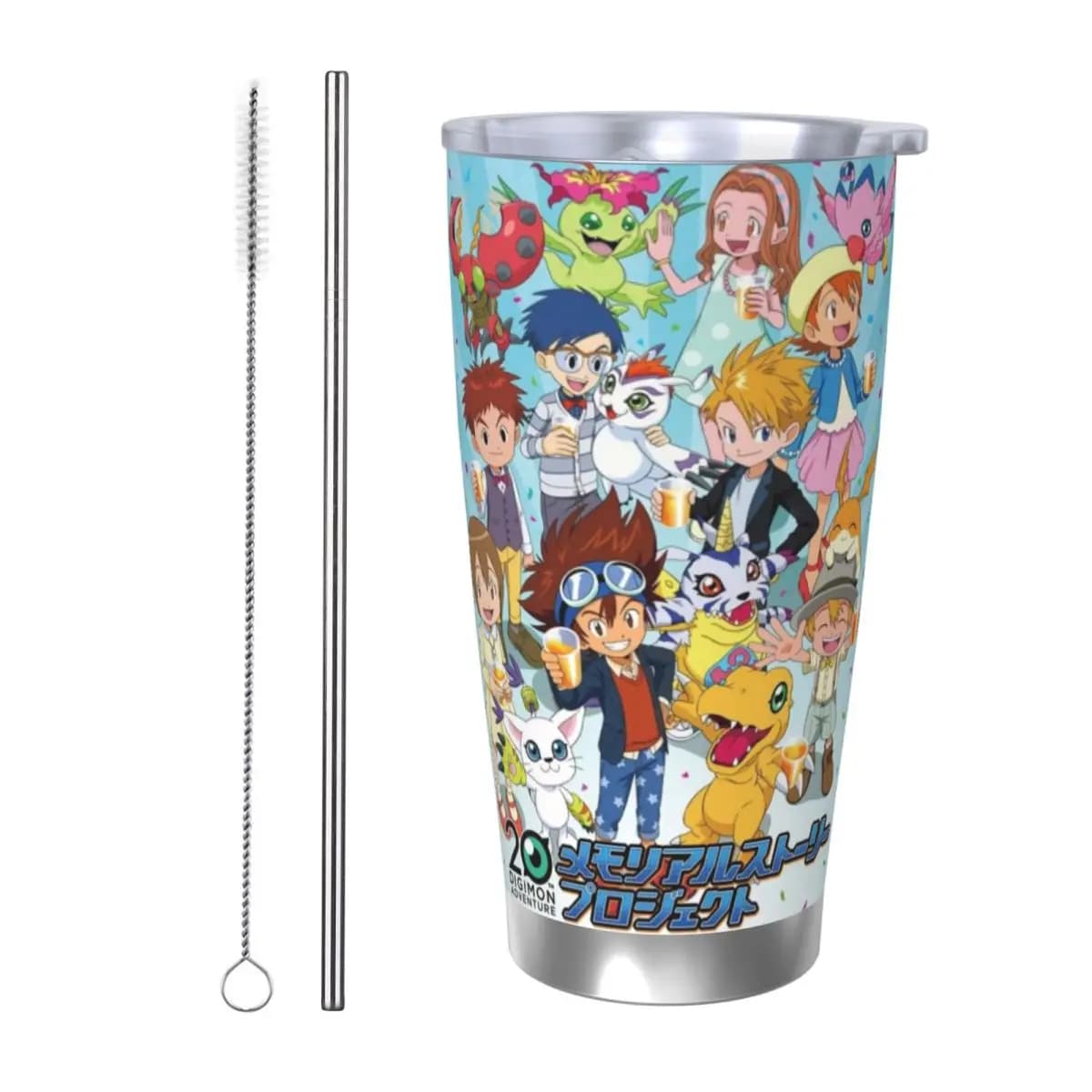 D-Digimon 20oz Stainless Steel Car Mug Straw Thermal Iced Travel Cup Vacuum Insulated Coffee Hot Cup