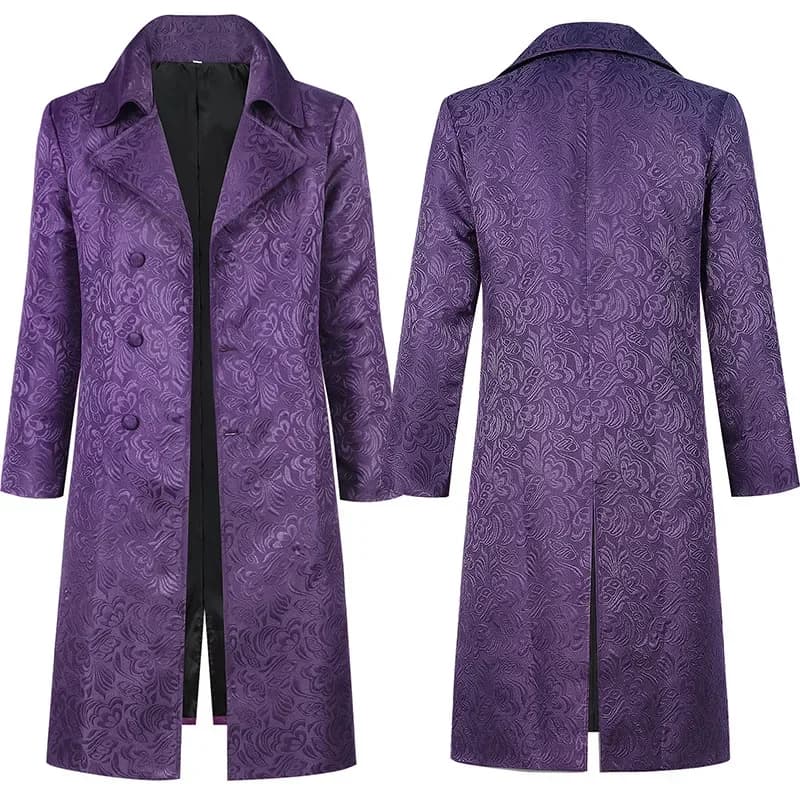 Cappotto lungo costume cosplay giacca medievale Joker di Halloween con colletto dentellato da uomo elegante soprabito jacquard viola