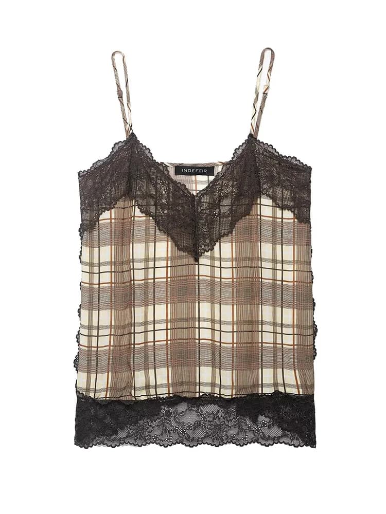 HH Women 2026 Fashion Lace V-Neck Plaid Underwear Style Top Female Summer Sexy Backless Sleeveless Side Split Party Sling Top