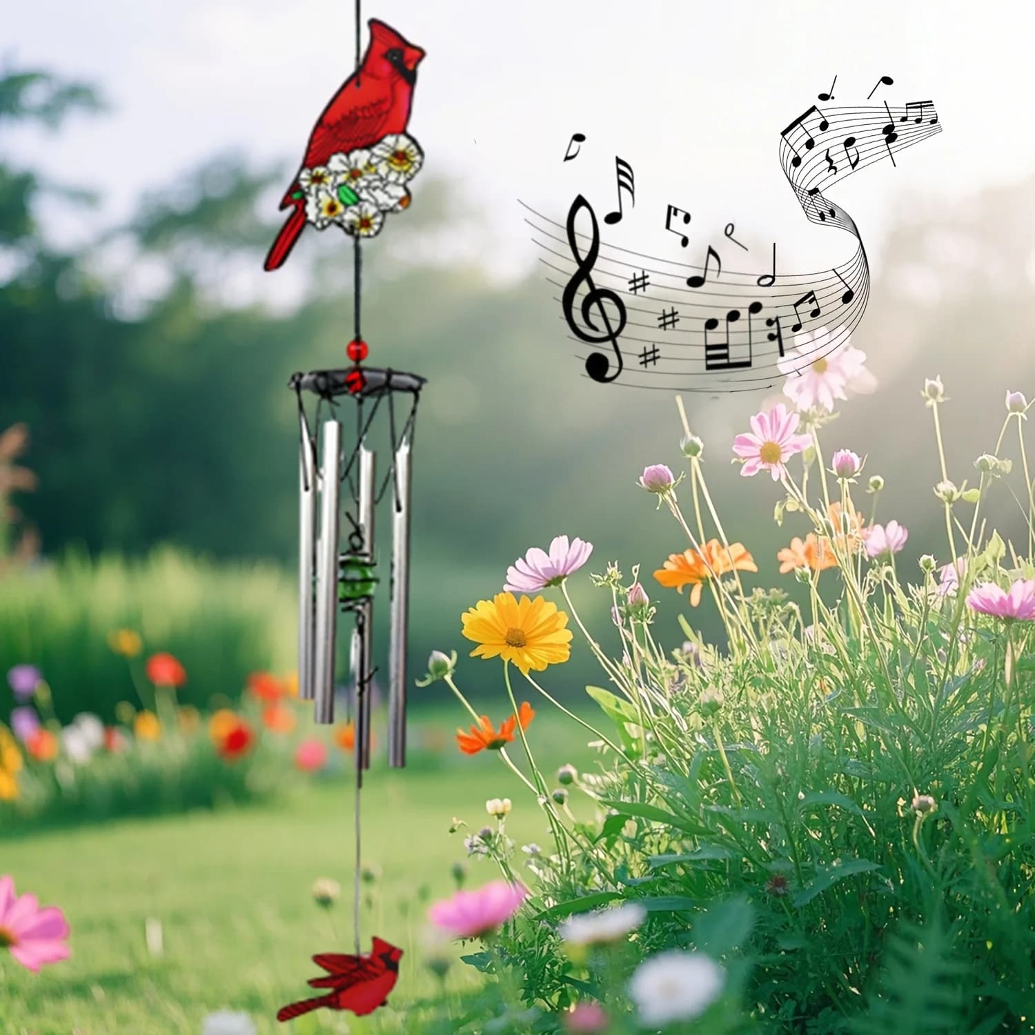 Red Cardinal Bird Wind Chime Red Robin Metal Aluminum Tube Wind Chime Outdoor Garden Hanging Decoration Balcony Decorative Wind Chime Gift