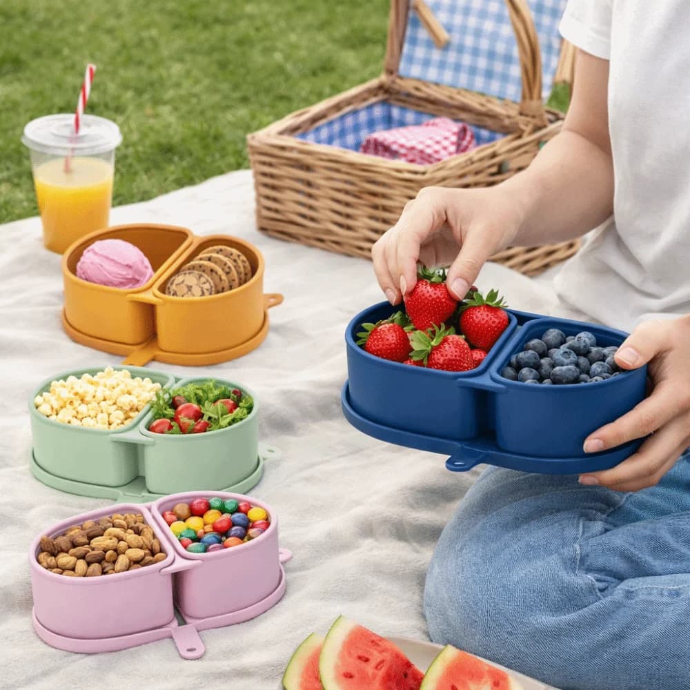 Contenitore per il pranzo in silicone per uso alimentare Contenitori per snack riutilizzabili a doppio scomparto Tinta unita con contenitore per la preparazione dei pasti con coperchio