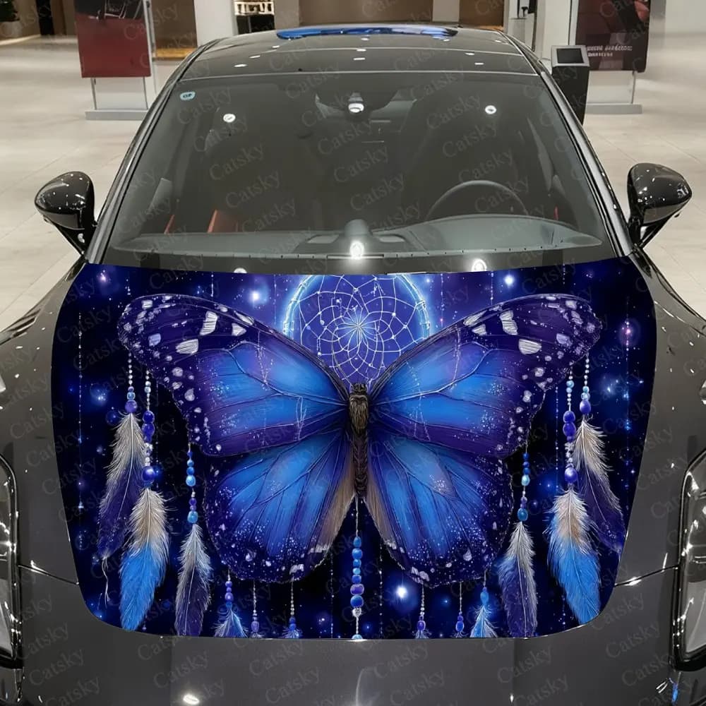 Butterfly Dreamcatcher Car Vinyl Wrap, PVC Waterproof Car Hood Sticker, Self-Adhesive Scratch-Resistant Sticker for Engine Cover