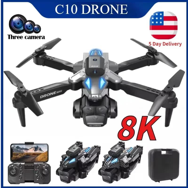 Drone RC C10 8K HD con Tripla Fotocamera WiFi FPV, Evitamento Ostacoli, Telecomando, Quadricottero Giocattolo per Adulti e Bambini