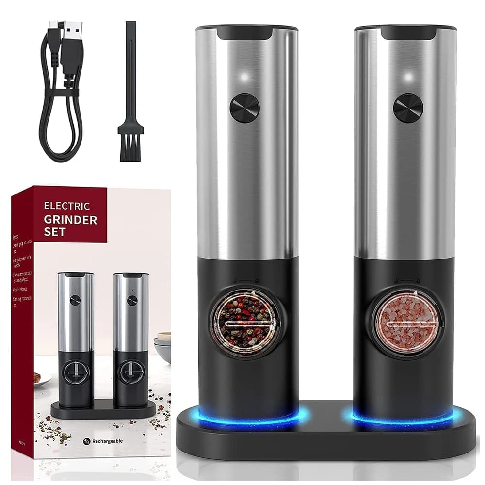 Set macina sale e pepe elettrico ricaricabile con luce LED - Ruvidità regolabile, mulini per spezie da cucina di grande capacità