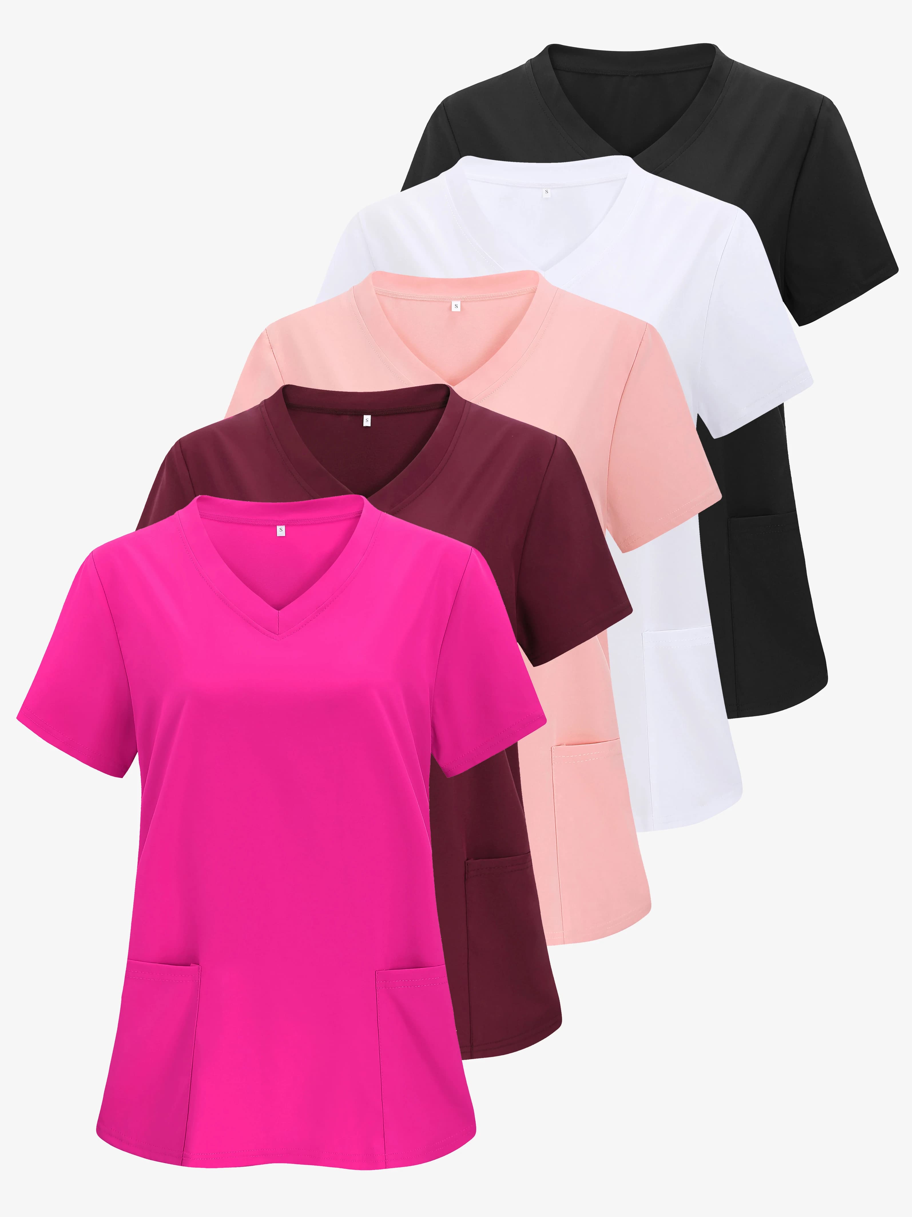 XUANSHOW 1 pz Tessuto Abbigliamento Da Lavoro Donne Infermiera Uniforme Camicie Lunghe Tasca Frontale Magliette E Camicette Casual Manica Corta Con Scollo A V Abbigliamento da Donna