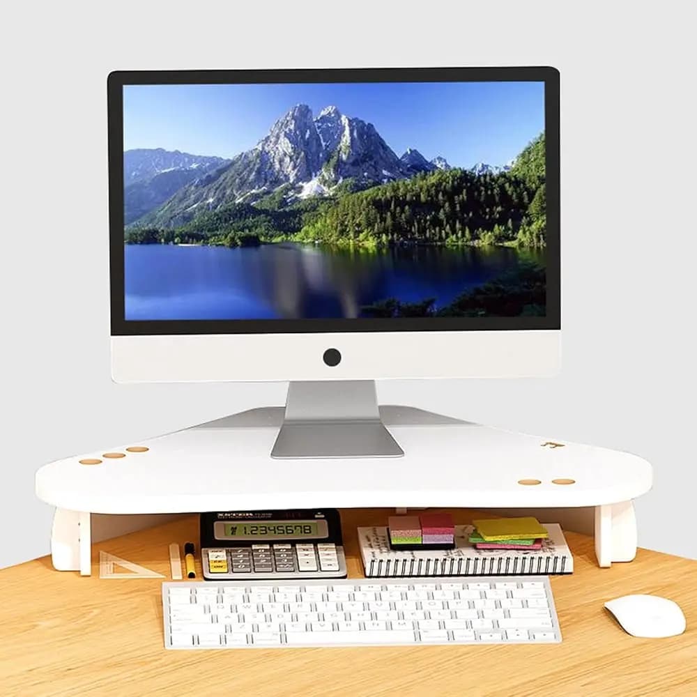 Supporto per Monitor in Legno a Forma di Triangolo - Organizzatore da Scrivania Multifunzione Bianco per Computer, Laptop, Stampante