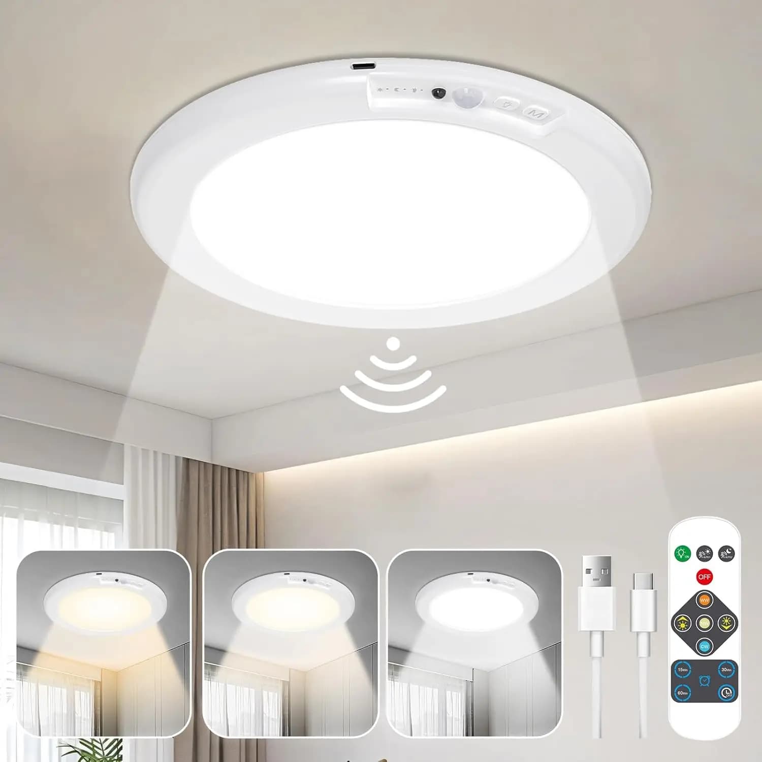 Motion Sensor LED Ceiling Light With Remote Control USB Charging Magnetic Installation Round for Stair Bedroom Closet Night Lamp