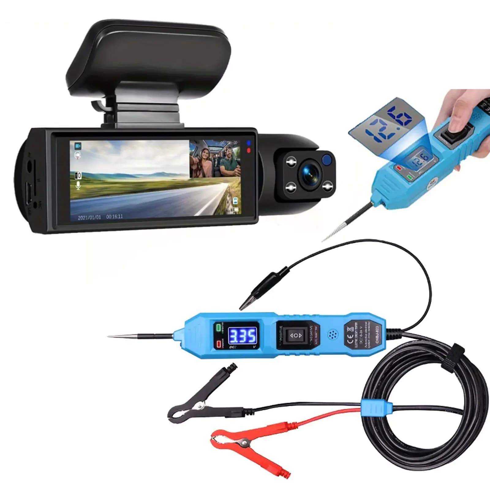 Dual Lens Dash Cam & Circuit Tester Combo: 3.16" IPS HD Driving Recorder, 170° Wide Angle, Night Vision, 24H Parking Monitor & Professional LCD Circuit Tester, 12V/24V Diagnosis, Continuity, Fuse & Relay Test Tool for Car Maintenance
