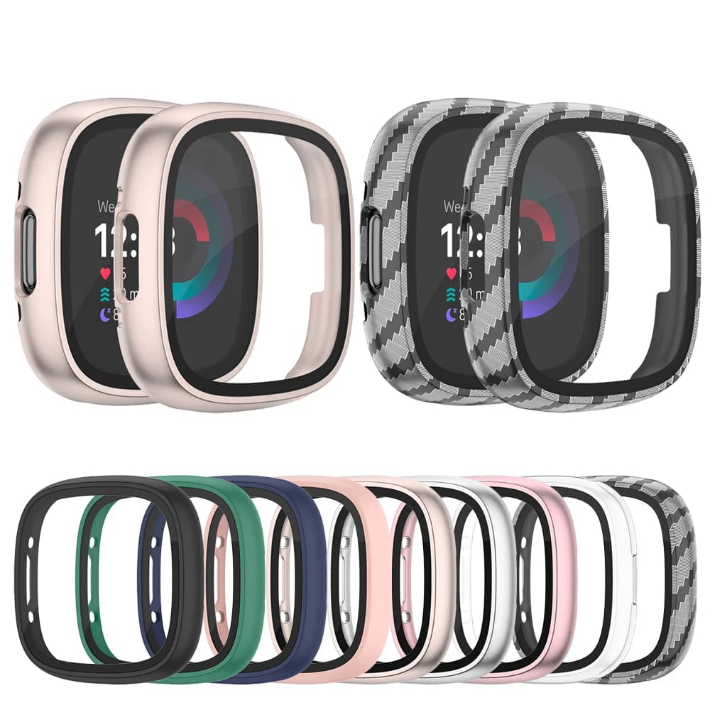 Custodia in vetro per Fitbit Versa 4/Sense 2 Cover completa Protezione schermo in vetro temperato HD Bumpe Shell per custodia Fitbit Versa 4