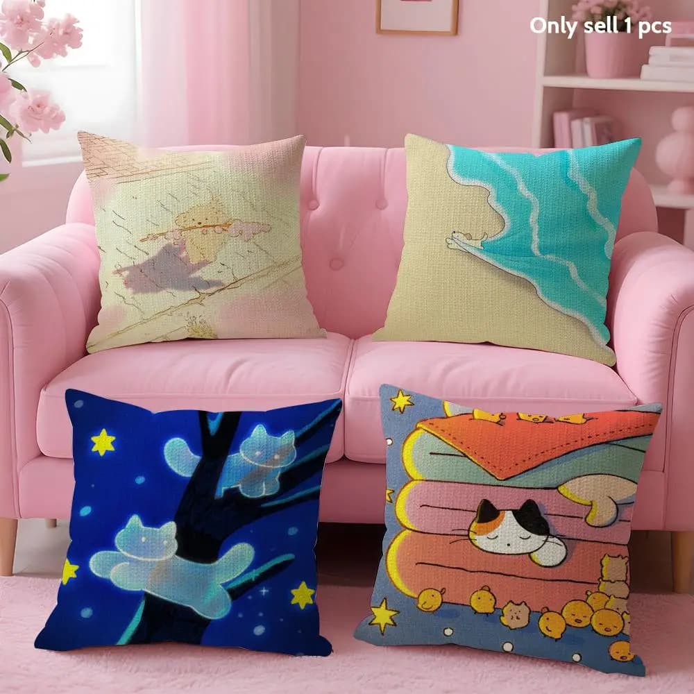 Fodera per cuscino con gattino super vivace e carino, in lino organico con stampa fronte-retro, federa per divano per decorazioni domestiche e regali