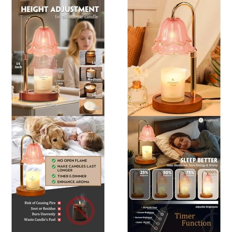 Lampada Scaldacandele con Timer e Dimmer, Altezza Regolabile, Regalo per la Festa della Mamma, Compleanno, per Donne e Mamme, Scaldacandele a Forma di Fiore