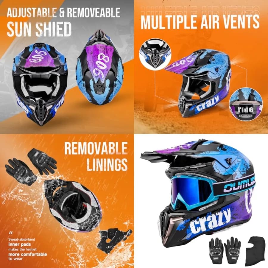 Casco per ATV e Moto da Cross per Adulti con Occhiali, Guanti, Maschera, Fibbia a Sgancio Rapido, Visiera Parasole Regolabile, Casco da Moto per Adulti Off-Road