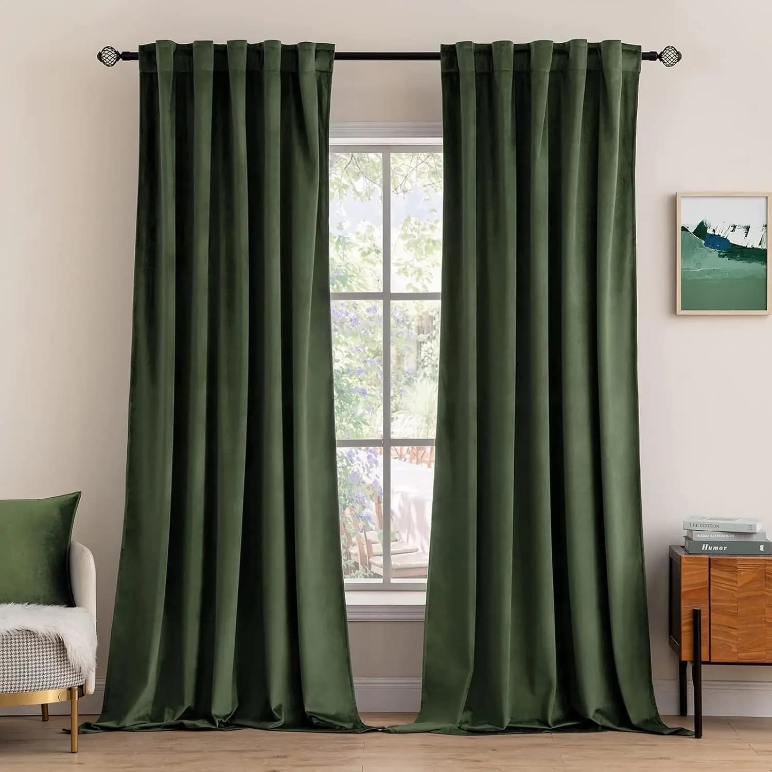 Tende in Velluto Extra Larghe 66 Pollici - Tende Oscuranti Termoisolanti per Porta Scorrevole, con Linguette Posteriori, Verde Oliva, 2 Pannelli