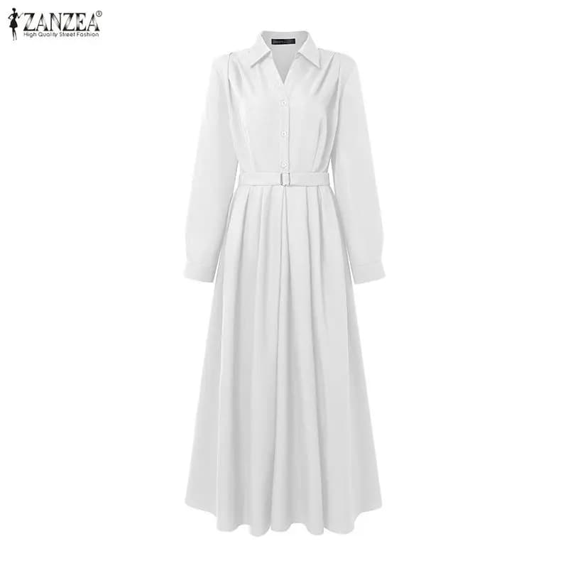 Women Spring OL Work Dresses 2026 ZANZEA Elegant L.apel Neck Long Sleeve Sundress Solid Belted Robe Stylish A Line Party Dress