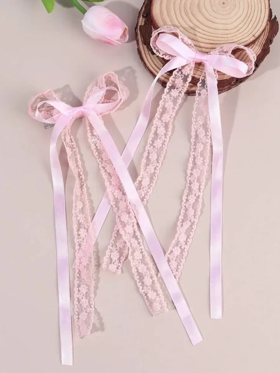 2 fermagli per capelli in pizzo floreale rosa con fiocco in nastro, coda lunga, eleganti accessori per capelli da sposa per donna