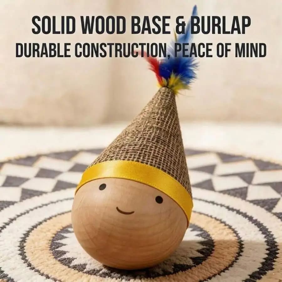 Wooden Tumbler Cat Toy With Burlap Cone And Feather For Indoor Pet Enrichment