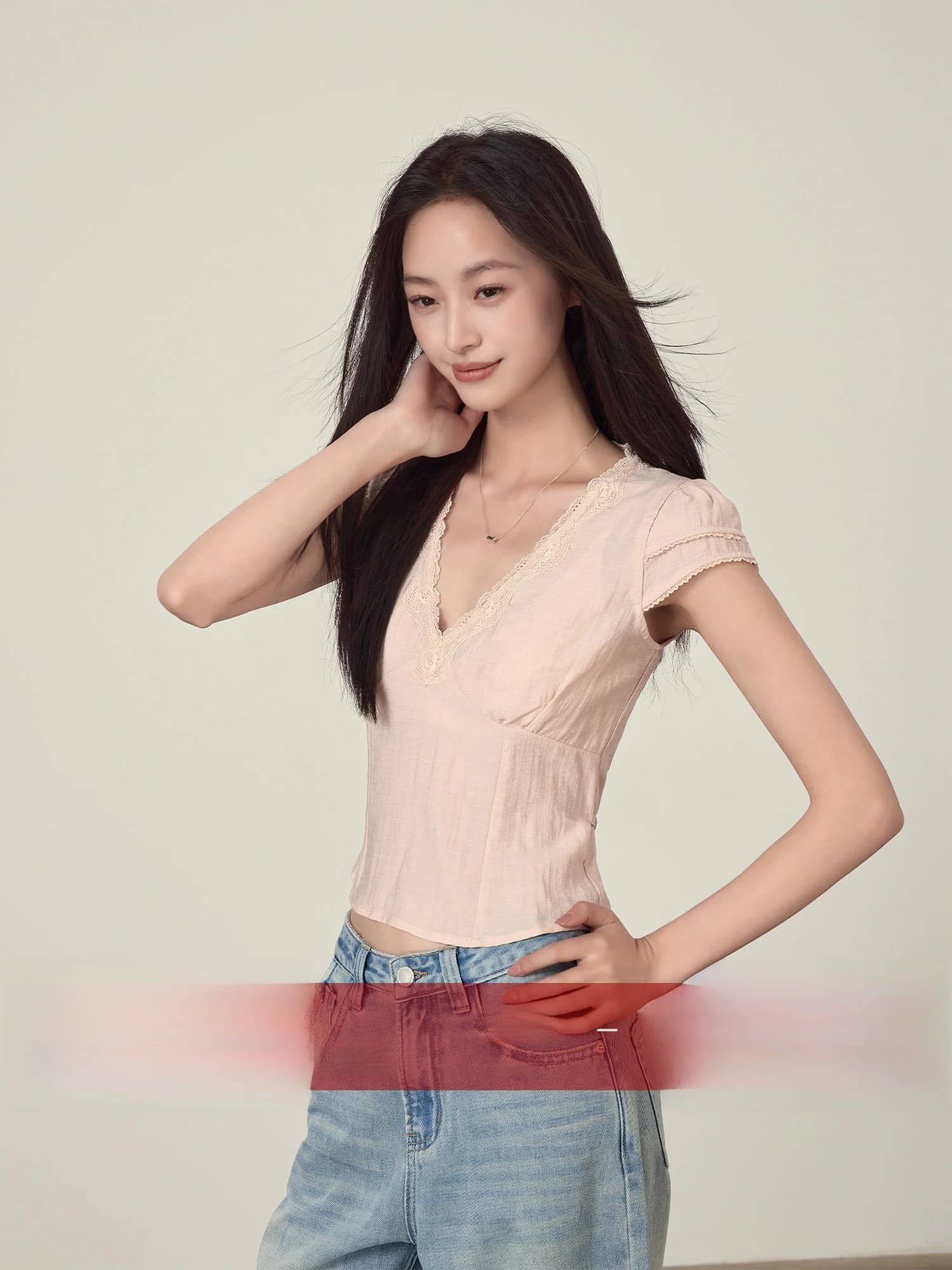 Slim Fit Lace Trim V-Neck Short Sleeve T-Shirt Women's Belted Summer New Style Casual Wear Comfortable Breathable Top