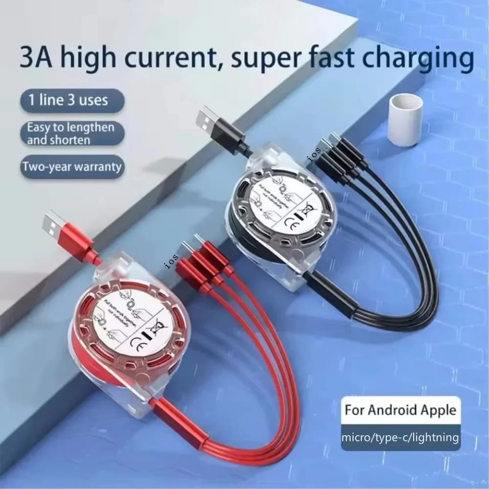 Portable USB Charging Cable 3 in 1 Type C Micro USB Quick Charging Cable for iPhone 14 Xiaomi 1m Extensible Fast Charging Cable