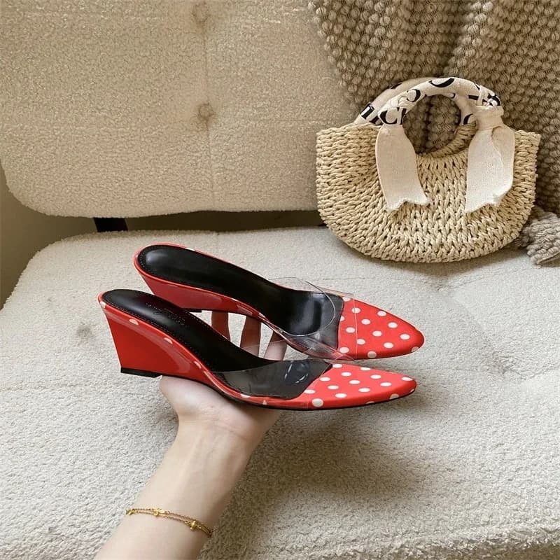 Aneikeh Fashion Women Polka Dot Wedge Mules Slippers Elegant Transparent PVC Strap Satin Backless Pumps Summer Party Dress Shoes