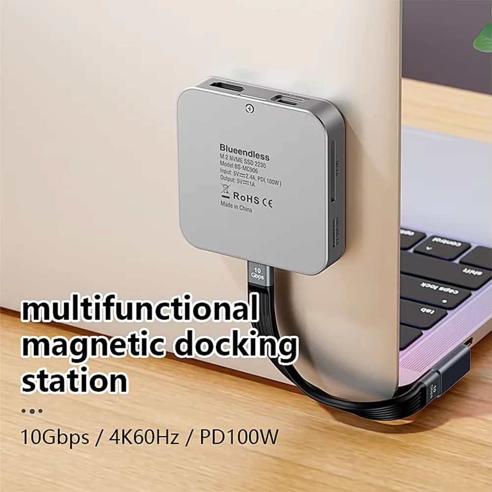 Hub USB C magnetico 8 in 1 Docking station SSD multifunzionale M.2 NVME USB3.1 10Gbps 100W PD 4K60HZ Custodia SSD HDMI M.2