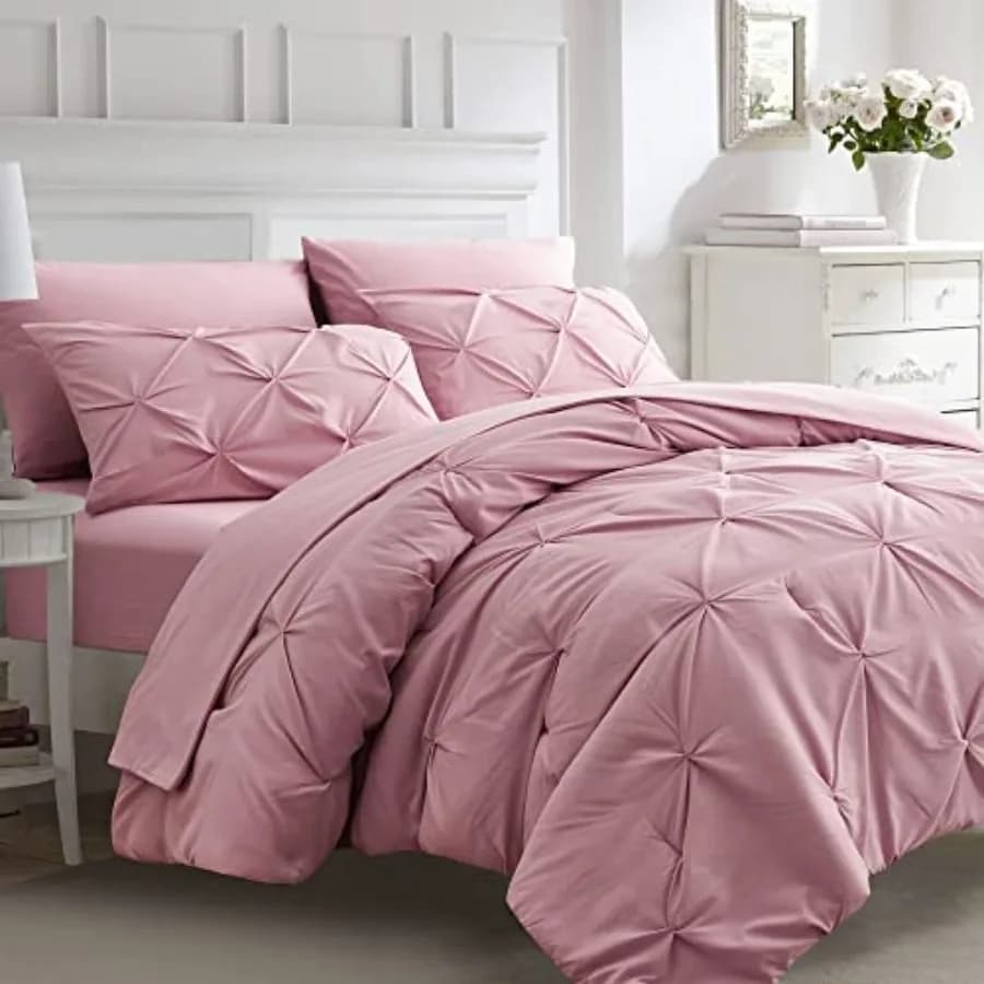 Set Copripiumino 7 Pezzi con Lenzuola, Set Letto 7 Pezzi con Pieghe a Pizzico, Set Letto Blush con Copripiumino, Biancheria da Letto per Tutte le Stagioni