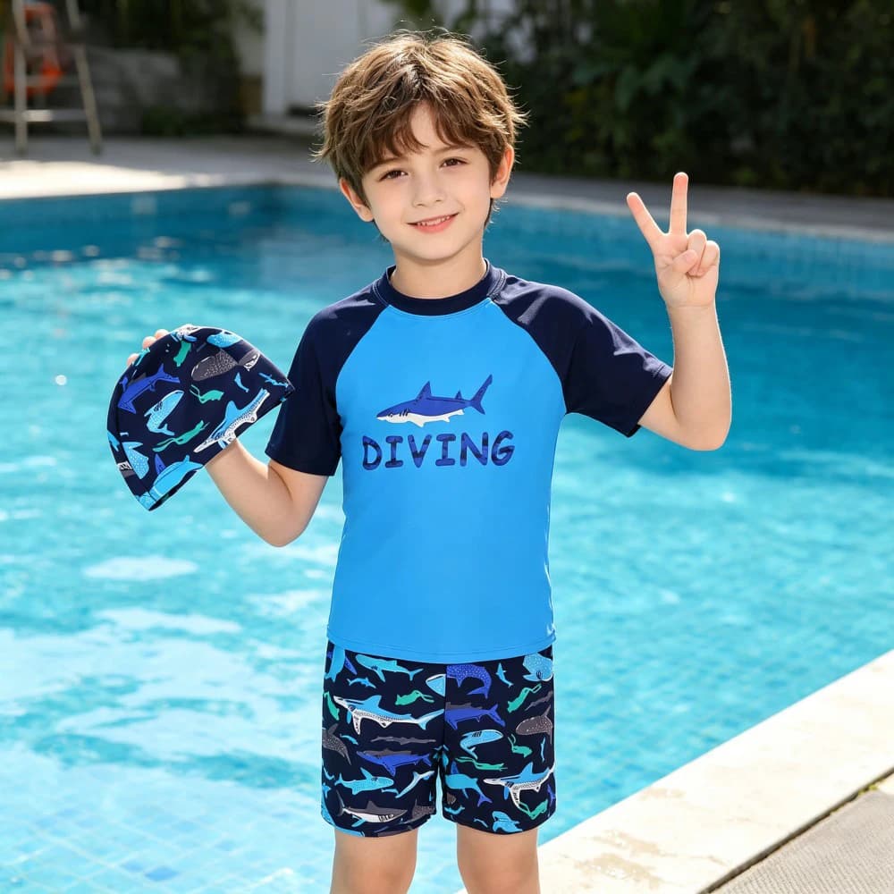 Costume da bagno da surf per bambini, set 3 pezzi con protezione UV, cappellino, maglietta a maniche corte + pantaloncini + cappellino, per bambini e bambine, estivo, da spiaggia