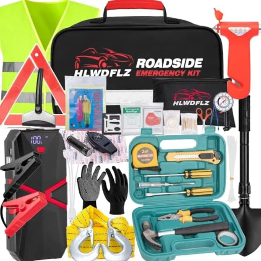 Kit di Emergenza per Auto con Avviatore d'Emergenza 2000A, Kit di Sicurezza Stradale per Donne e Uomini, in Plastica ABS Nera Compatta Tutto-in-Uno