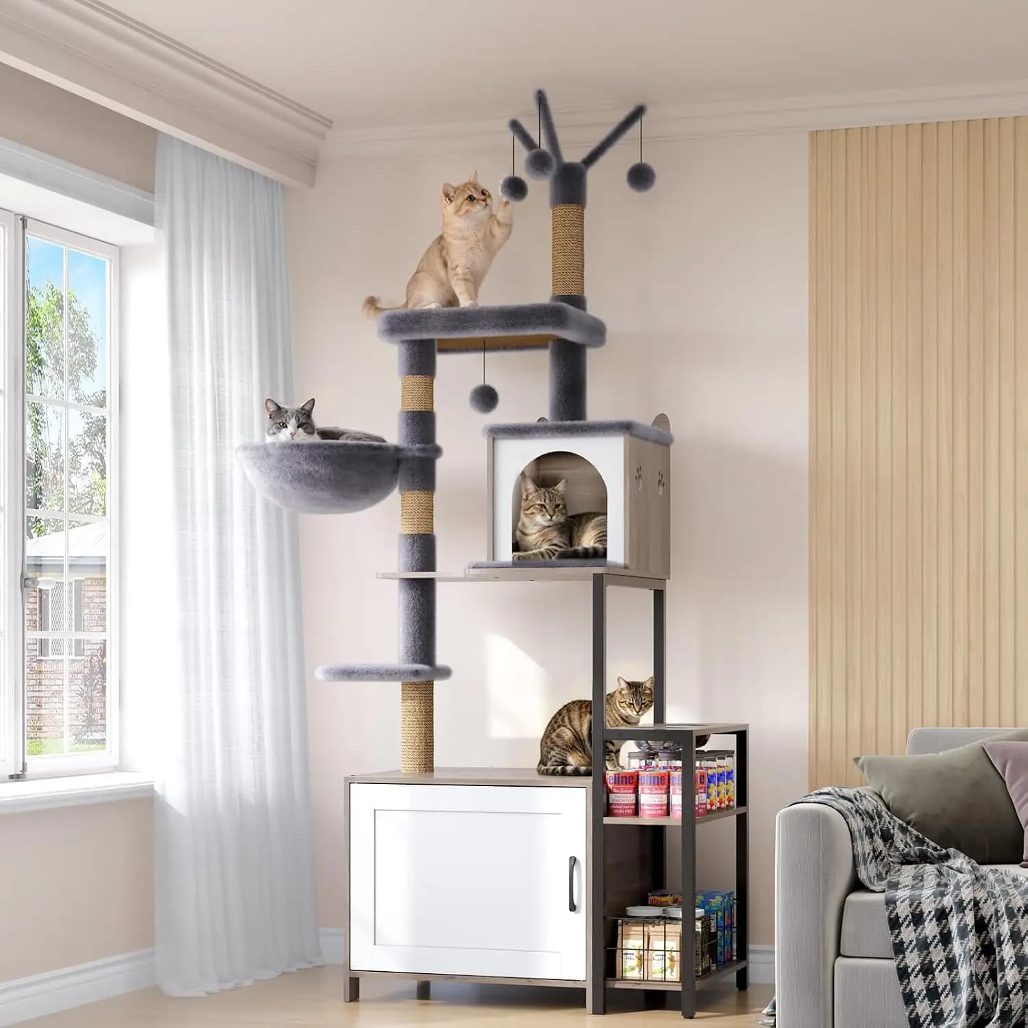 Cat Tree with Food Station and Litter Box Enclosure, Multi-Level Cat Tree Tower with Sisal Scratch Posts for Playtime, Plush Ham