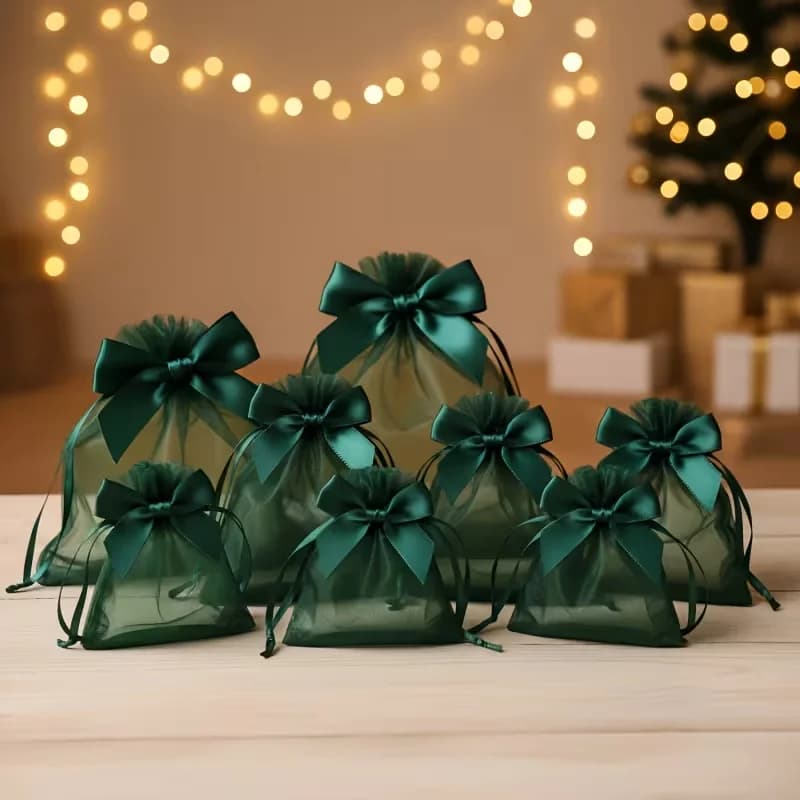 50 sacchetti regalo in organza, sacchetti portaoggetti semitrasparenti, sacchetti per imballaggio di abbigliamento e gioielli, coulisse con papillon, matrimonio Favo