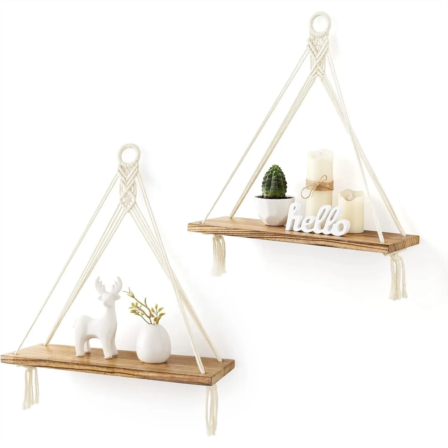 Macrame Hanging Shelves Boho Wall Decor Set of 2 Rustic Wood Floating Storage Shelf for Living Room Bedroom Bathroom Dorm