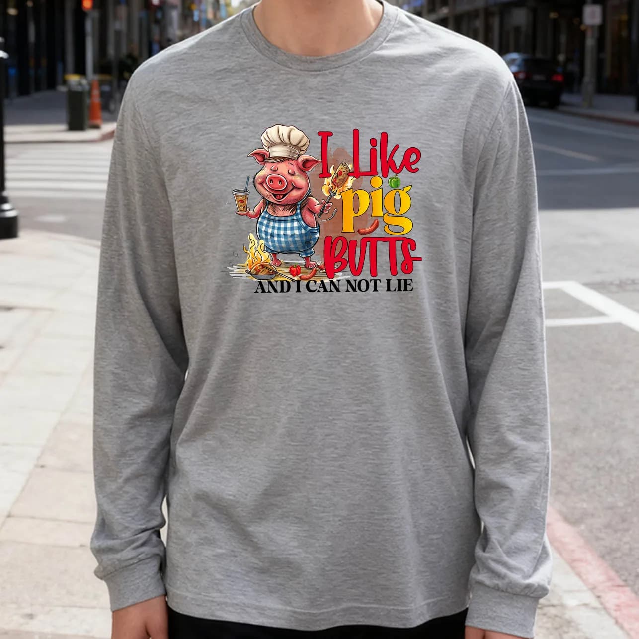 Men's Long Sleeved T-shirt I Like Pig Butts 180g 100% cotton casual printed crew neck to wear every day soft and breathable
