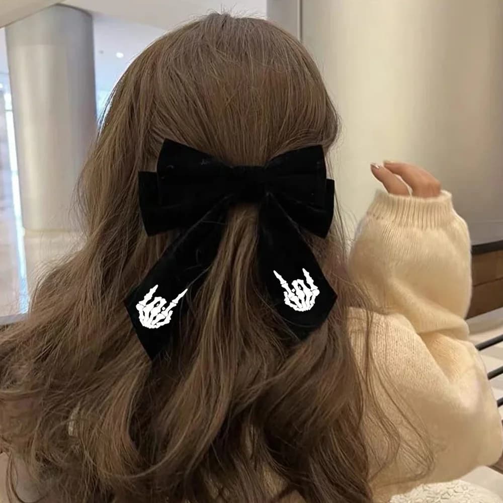 Skull Hands Skull Hands Black Satin Bow Clip Halloween Gothic Party Decoration Bowknot Aesthetic Hair Accessories Gift for Women