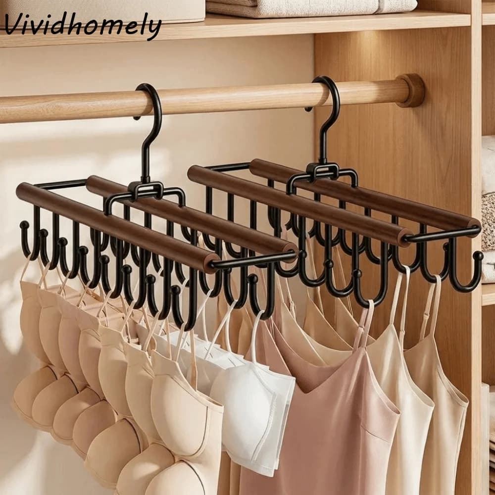 Practical 16 Hooks Double Row Rotating Hook Anti-slip Wood Storage Bra Hangers Space Saving Tie Belt Clothes Rack Dormitory