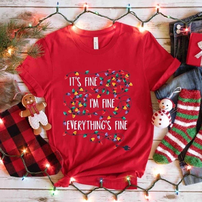 T-shirt con stampa luci di Natale Abbigliamento donna I'm Fine Everything Is Fine Camicia manica corta O Collo Top Camicia casual femminile Tees
