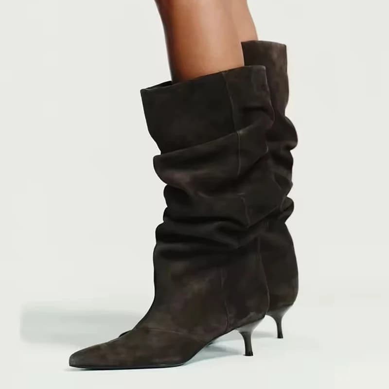 Liyke Runway Fashion High Knee Boots Pleated Suede Women Brown Retro Pointe Toe Shoes with Low and Slim Heel Long Boots signed Mujer