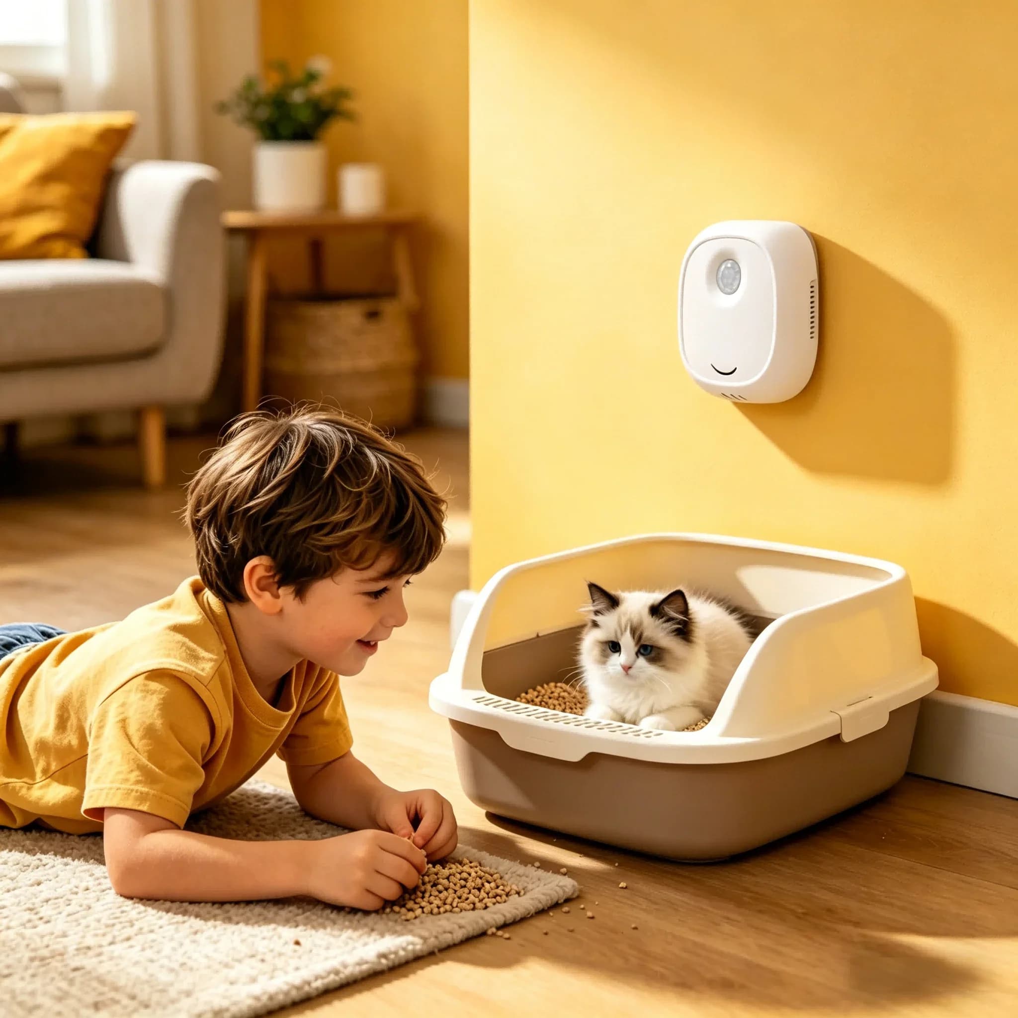 Smart Negative Ion Air Purifier for Pets, Silent Automatic Odor Remover for Cat Litter Box & Dog Room