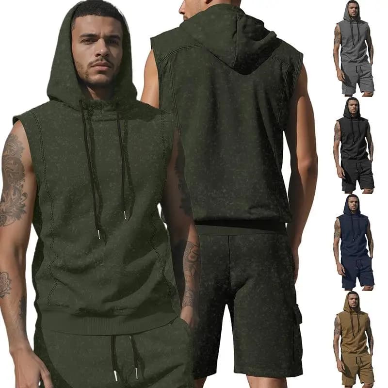 Retro Style Men's Sporty Shorts And Hoodie Set Elastic Band Casual Wear Sleeveless Top Short Length Pants for Autumn
