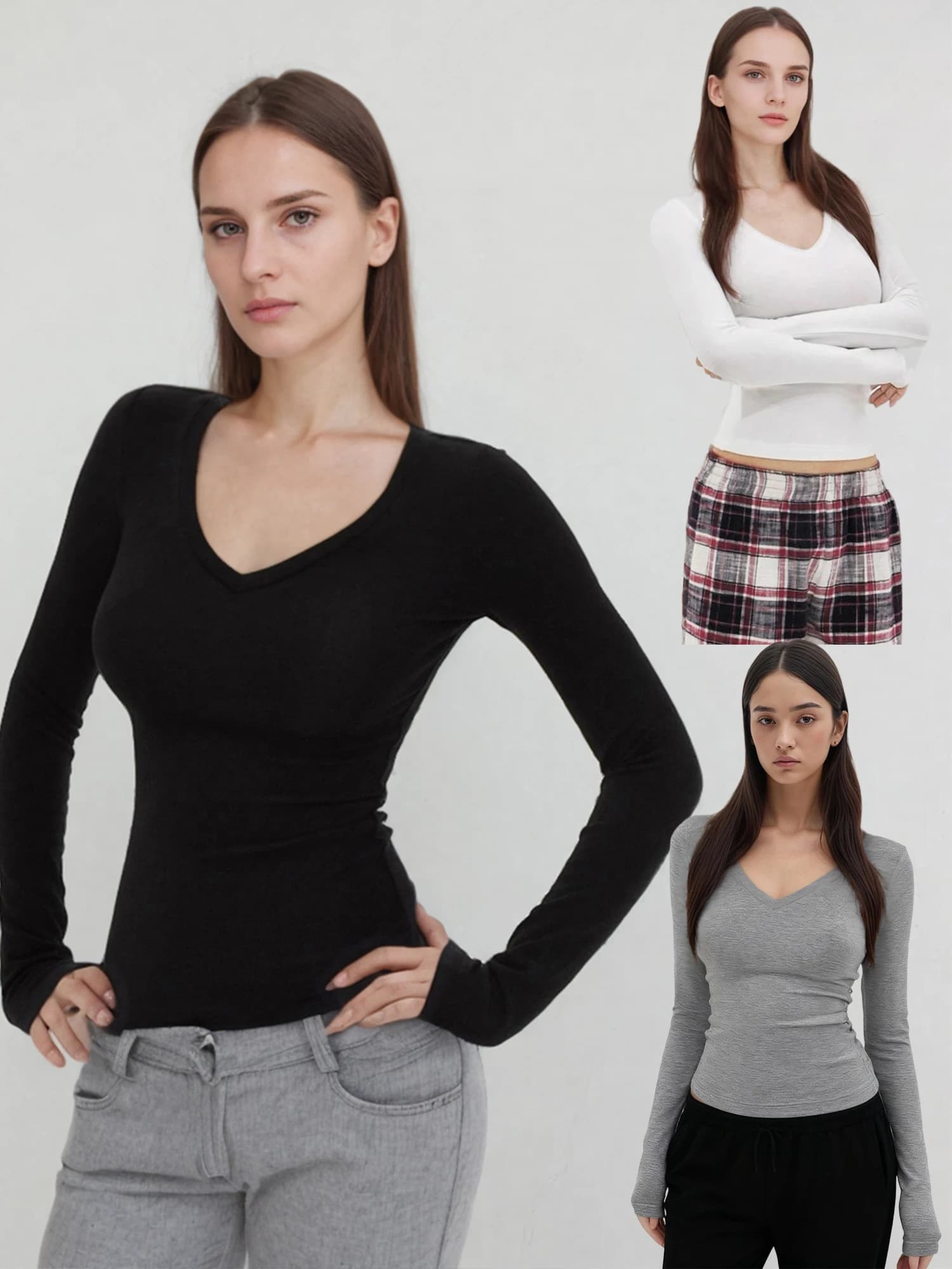 T-shirt C-GEM-Slim-fit con scollo a V dal tocco morbido, maniche lunghe, un top che tutte le ragazze adorano indossare come strato base