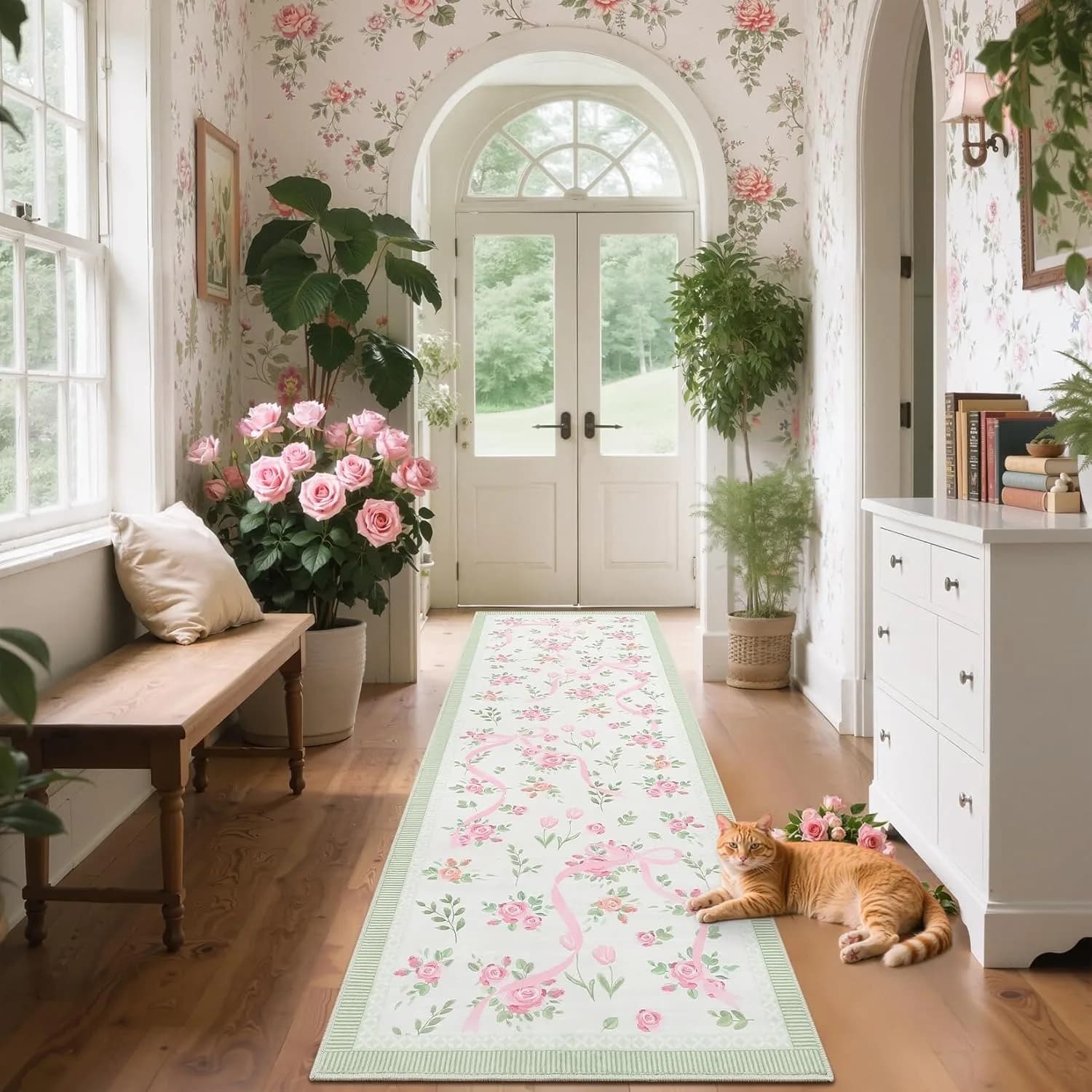 Tappeto per corridoio Tappeto per corridore Tappetino antiscivolo lavabile in lavatrice Tappeti verdi Design a nastro floreale Tappeti per decorazioni per la casa primaverili