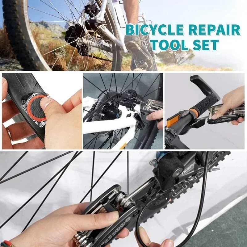 Kit di Attrezzi per Riparazione Biciclette, Set Multiuso con Pompa e Kit di Riparazione Pneumatici, Set di Attrezzi Portatile per Bici da Montagna e Strada, Accessori per Biciclette